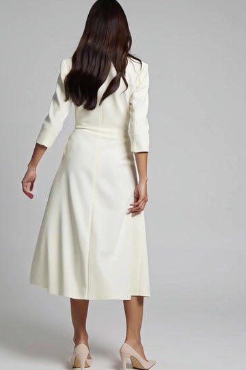 A-Line Ivory V-Neck Work Midi Dress With 3/4 Sleeves